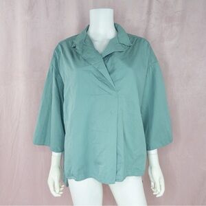 Lamberto Losani Womens Cotton Silk Green V Neck Blouse Top Collared Size 14 US